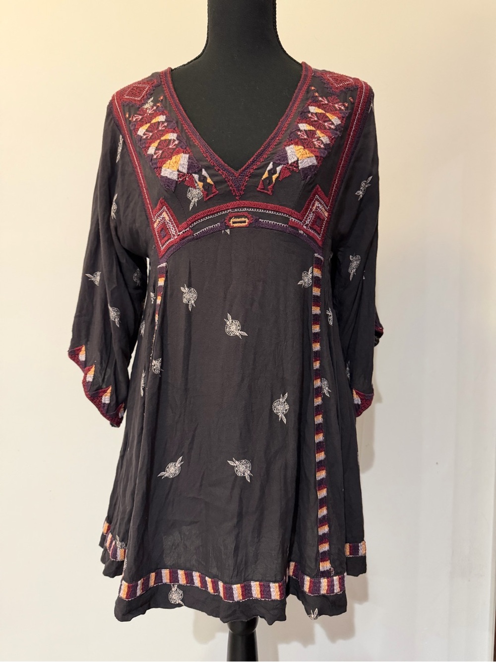 Free People Black Embroidered V-Neck Tunic with Multicolor Trim